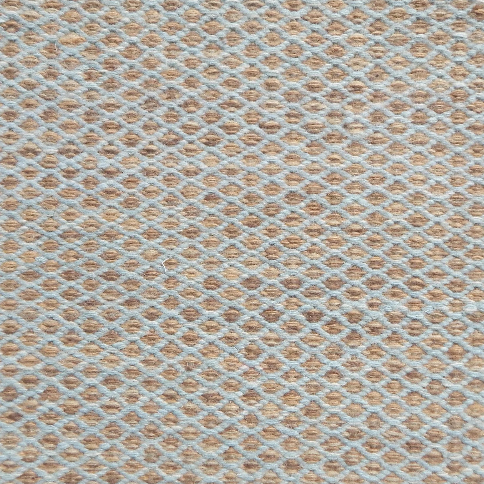 Flatweave rug with small scale lattice in light blue with tan field. 