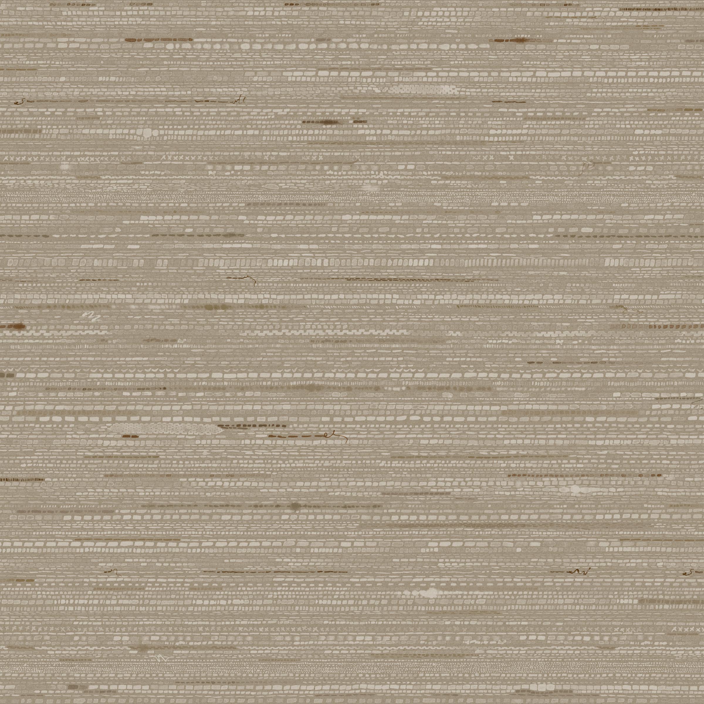 Detail of wallpaper in a textural striped pattern in shades of tan and brown.