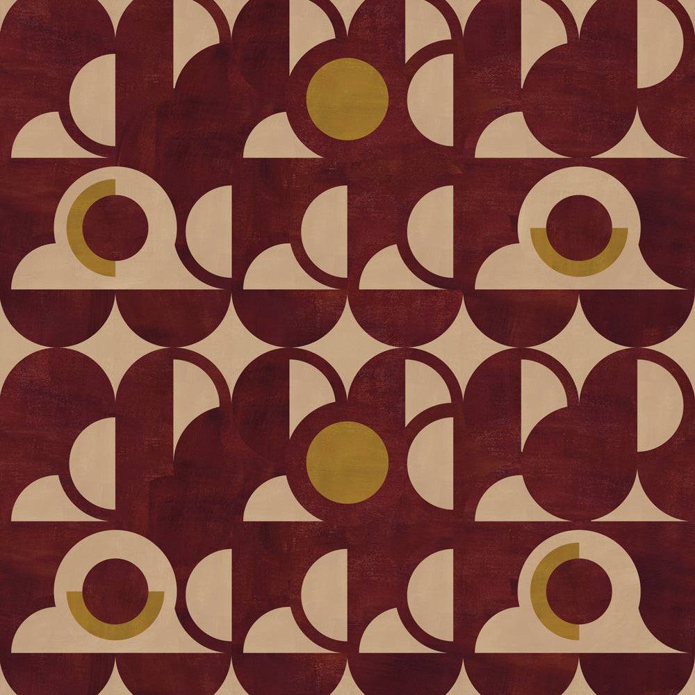 Curvilinear art deco inspired pattern in rust red, ochre and ecru.