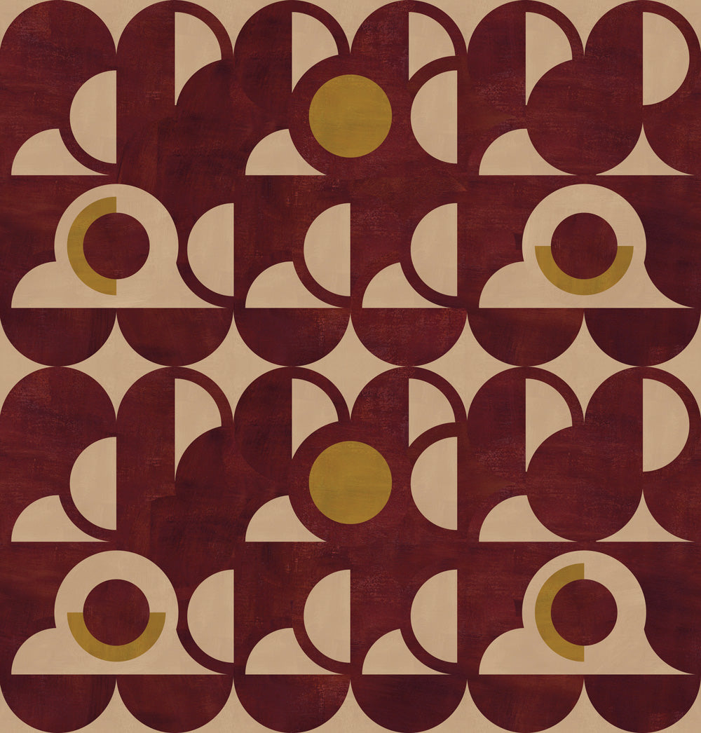 Curvilinear art deco inspired pattern in rust red, ochre and ecru.