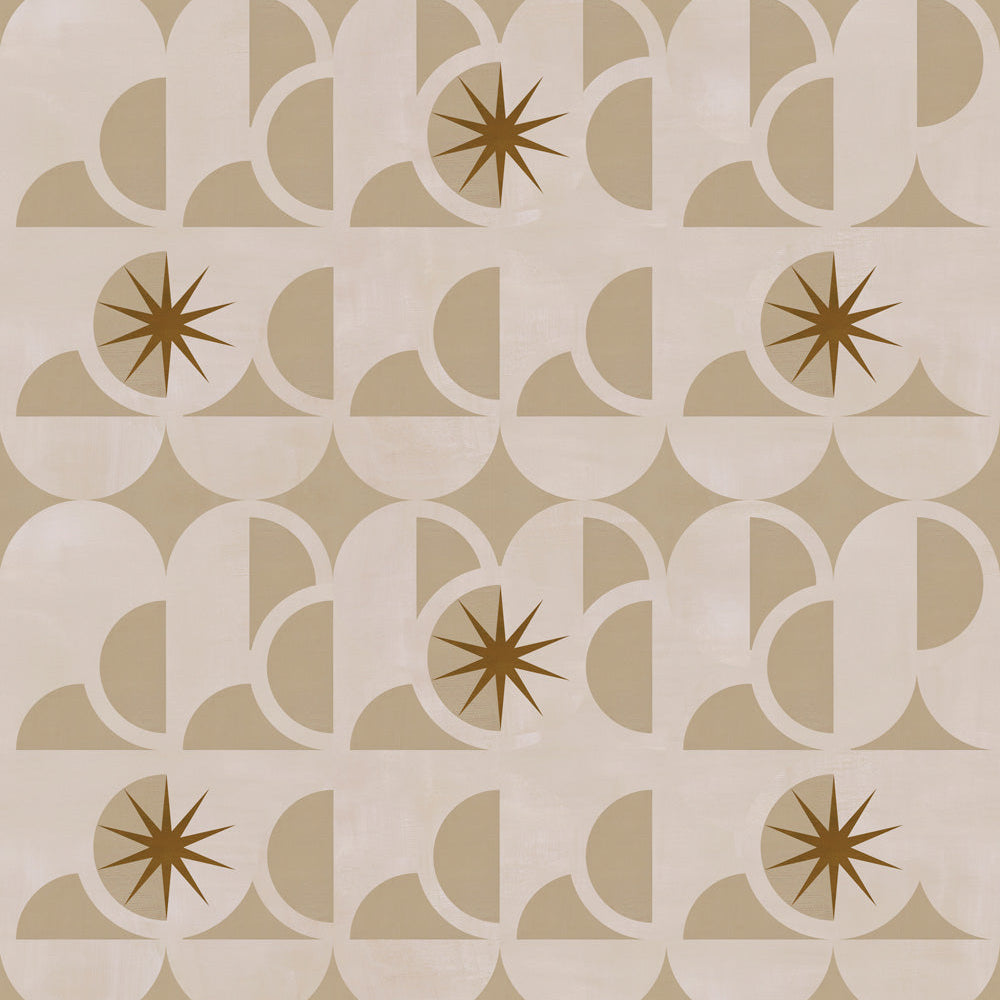 Curvilinear art deco inspired pattern in taupe, beige and brown.