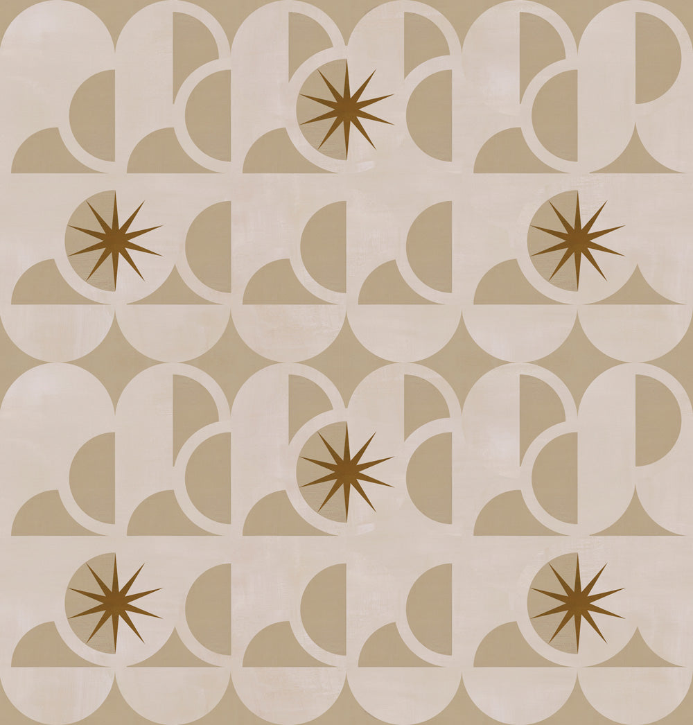 Curvilinear art deco inspired pattern in taupe, beige and brown.