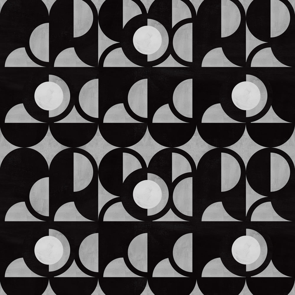 Curvilinear art deco inspired pattern in black, grey and white.