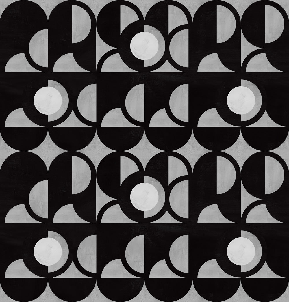 Curvilinear art deco inspired pattern in black, grey and white.