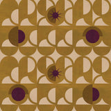 Curvilinear art deco inspired pattern in ochre, beige and purple.