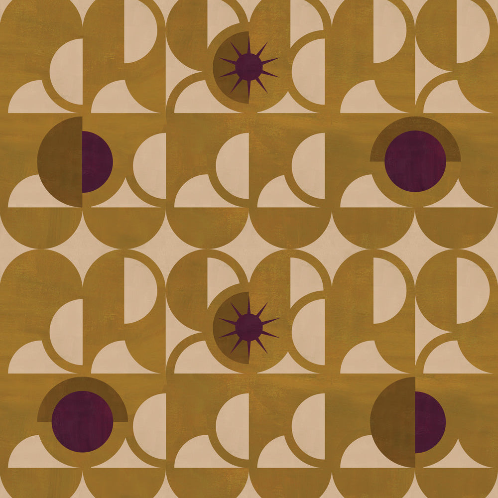 Curvilinear art deco inspired pattern in ochre, beige and purple.