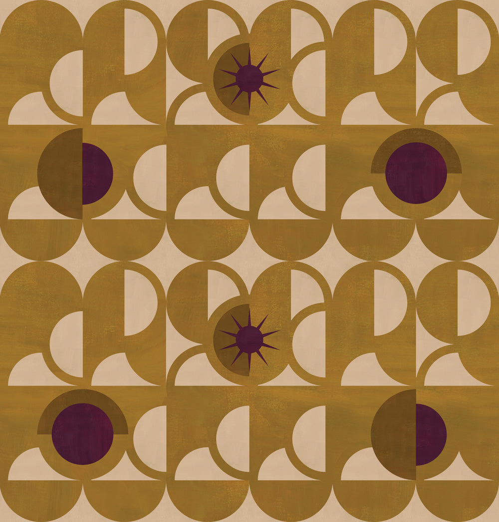 Curvilinear art deco inspired pattern in ochre, beige and purple.
