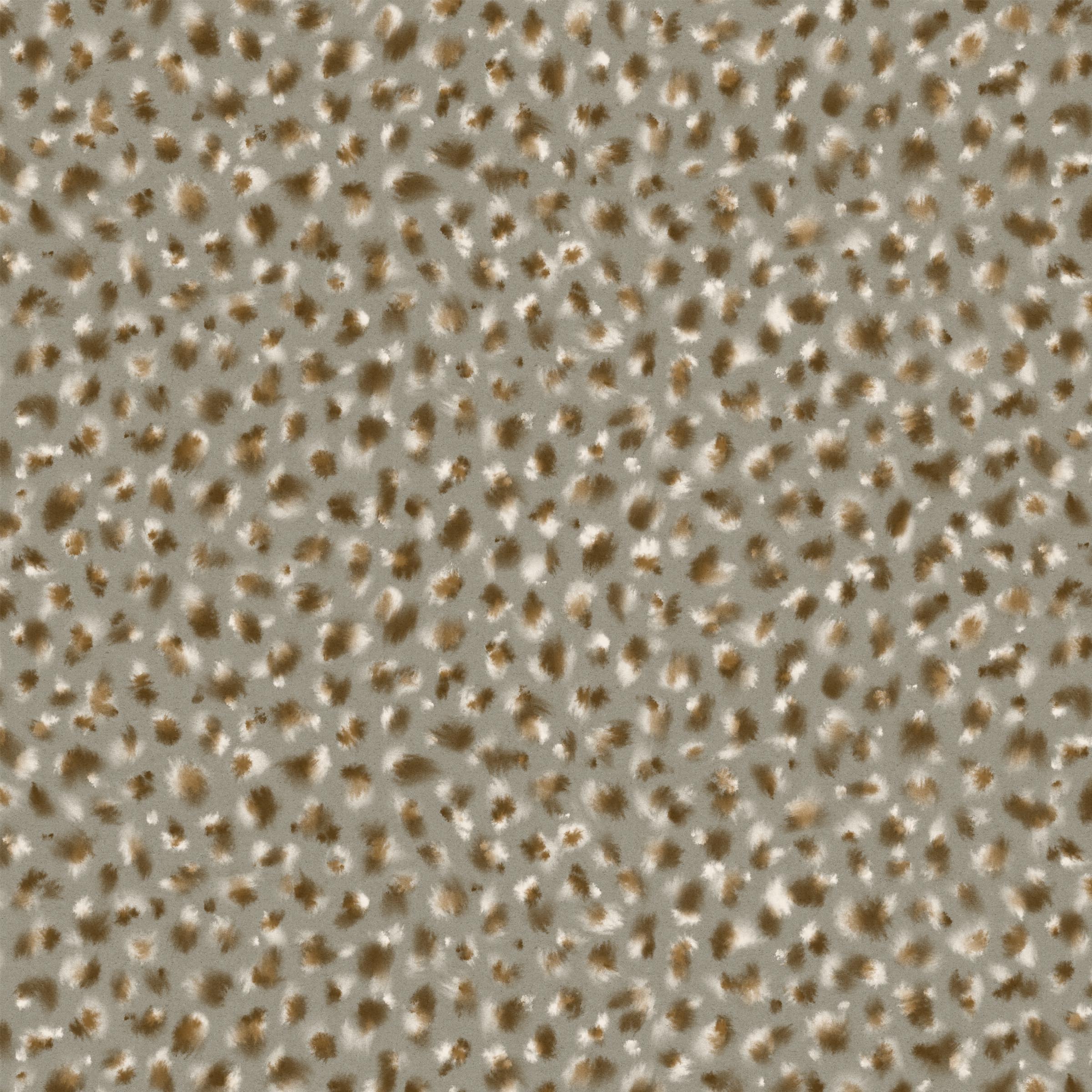 Detail of wallpaper in a painterly animal print in white and brown on a gray field.