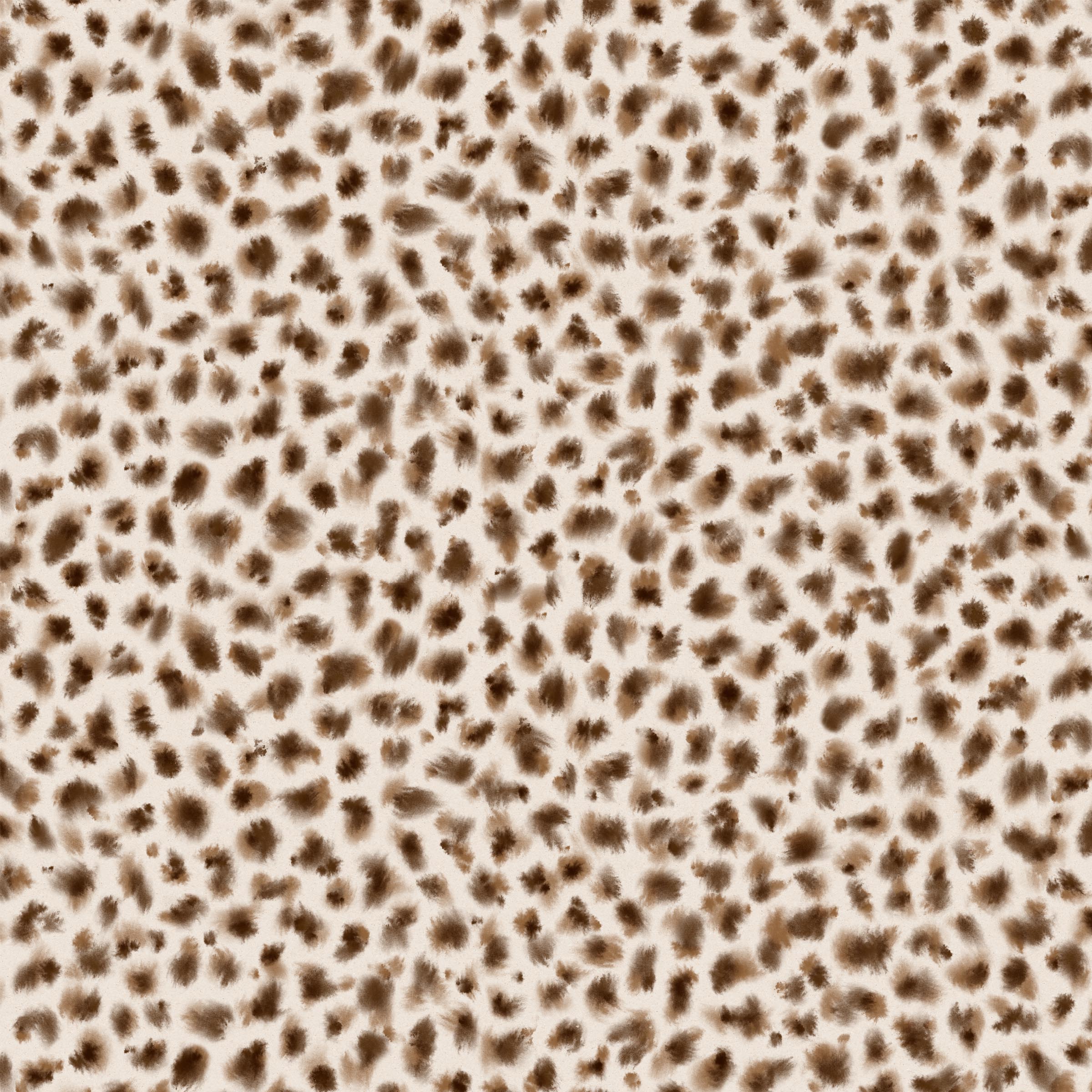 Detail of wallpaper in a painterly animal print in shades of brown on a cream field.