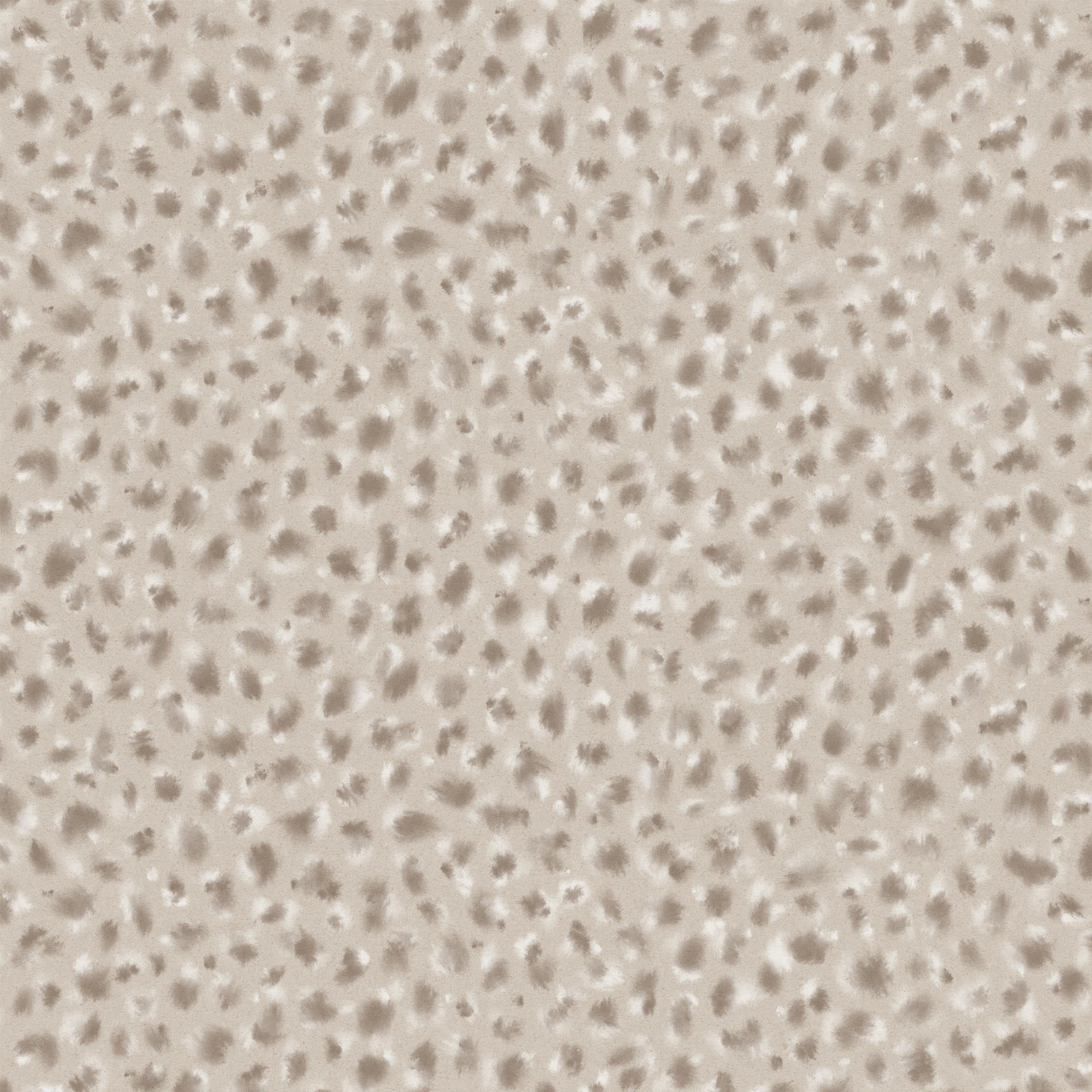Detail of wallpaper in a painterly animal print in white and brown on a sable field.