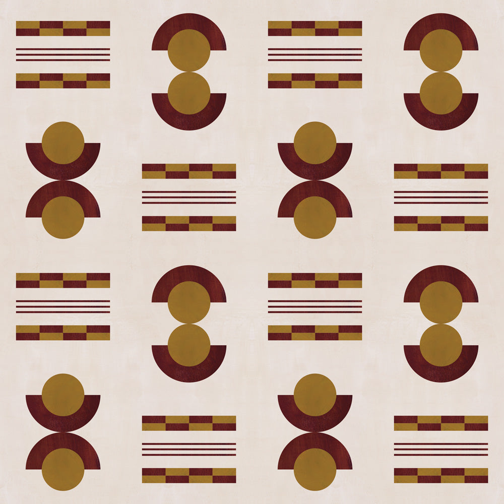 Graphic geometric pattern of circles and stripes in maroon and ochre on a cream field. 