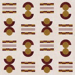Graphic geometric pattern of circles and stripes in maroon and ochre on a cream field. 