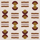 Graphic geometric pattern of circles and stripes in maroon and ochre on a cream field. 