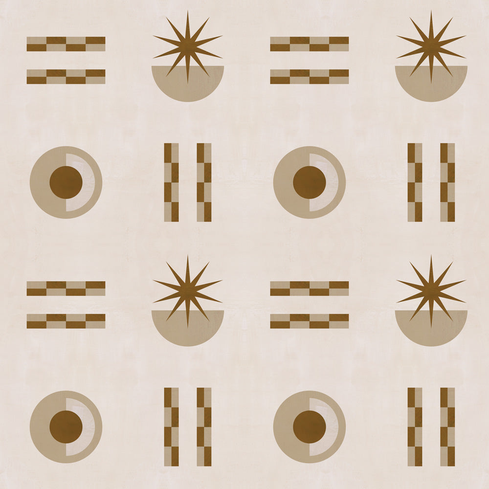 Graphic geometric pattern of circles, stars and stripes in taupe and brown on a cream field.