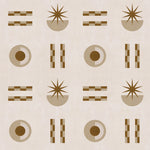 Graphic geometric pattern of circles, stars and stripes in taupe and brown on a cream field.