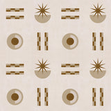 Graphic geometric pattern of circles, stars and stripes in taupe and brown on a cream field.