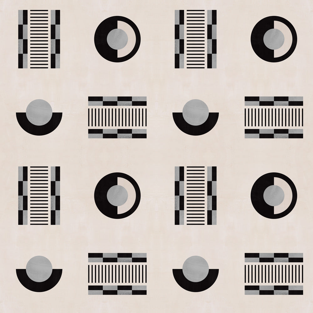 Graphic geometric pattern of circles, and stripes in black and grey on a cream field.