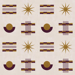Graphic geometric pattern of circles, stars and stripes in purple and ochre on a cream field.
