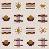 Graphic geometric pattern of circles, stars and stripes in purple and ochre on a cream field.