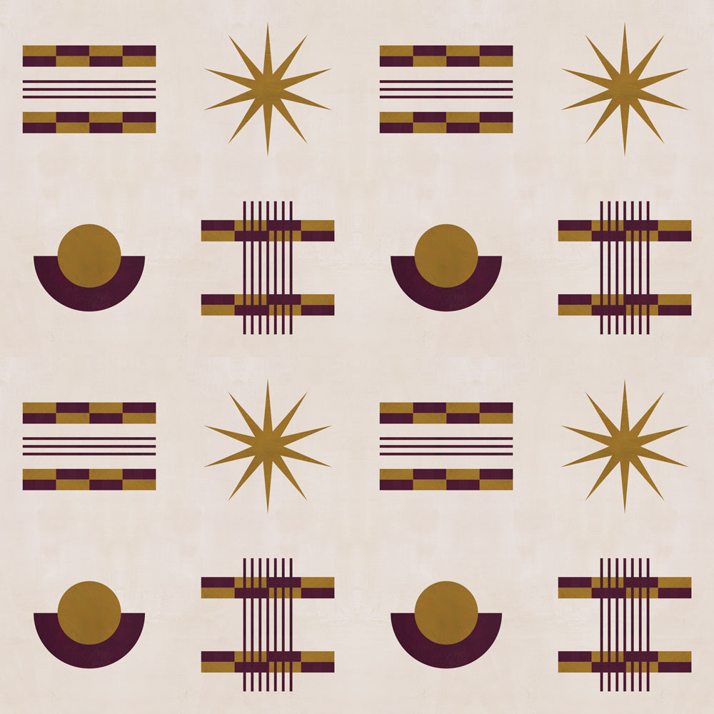 Graphic geometric pattern of circles, stars and stripes in purple and ochre on a cream field.