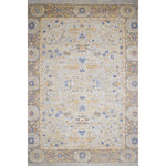 Handknotted rug with an ornate Damascus design in blue, grey, and tan. 