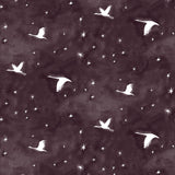 Flying geese and star pattern in white on a deep eggplant purple watercolor field.