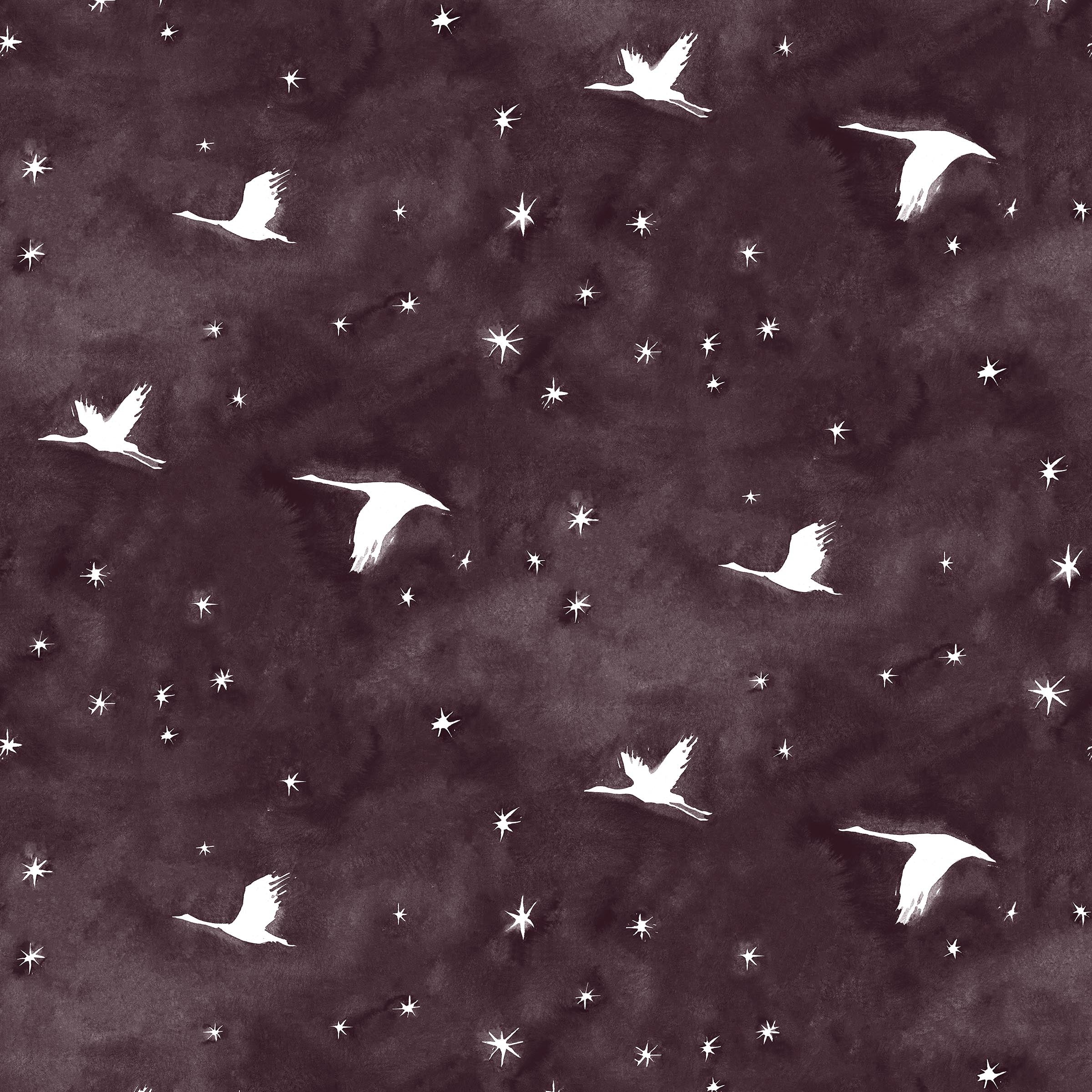 Flying geese and star pattern in white on a deep eggplant purple watercolor field.