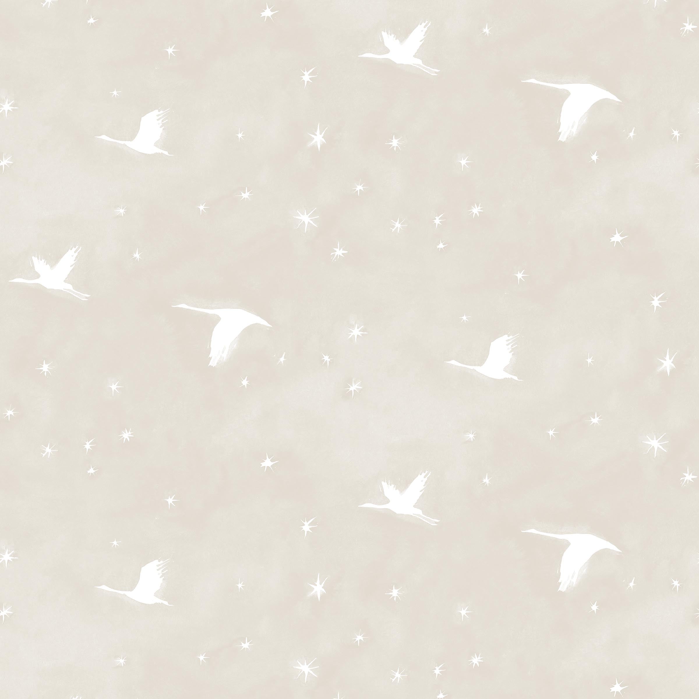 Flying geese and star pattern in white on a pale ecru watercolor field.