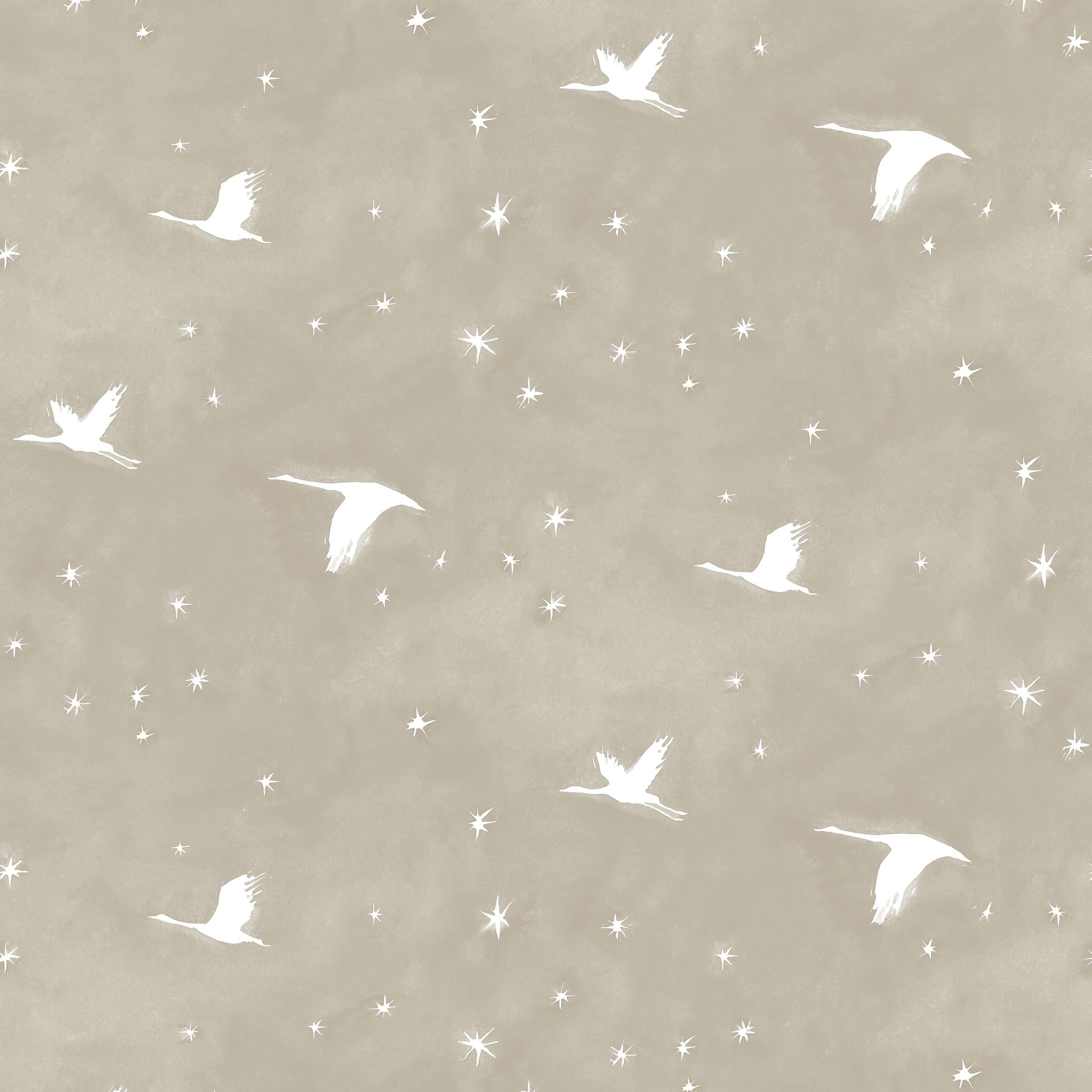 Flying geese and star pattern in white on a taupe watercolor field.