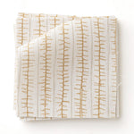 Swatch of fabric with hand drawn ticking stripe in caramel and grey on white.
