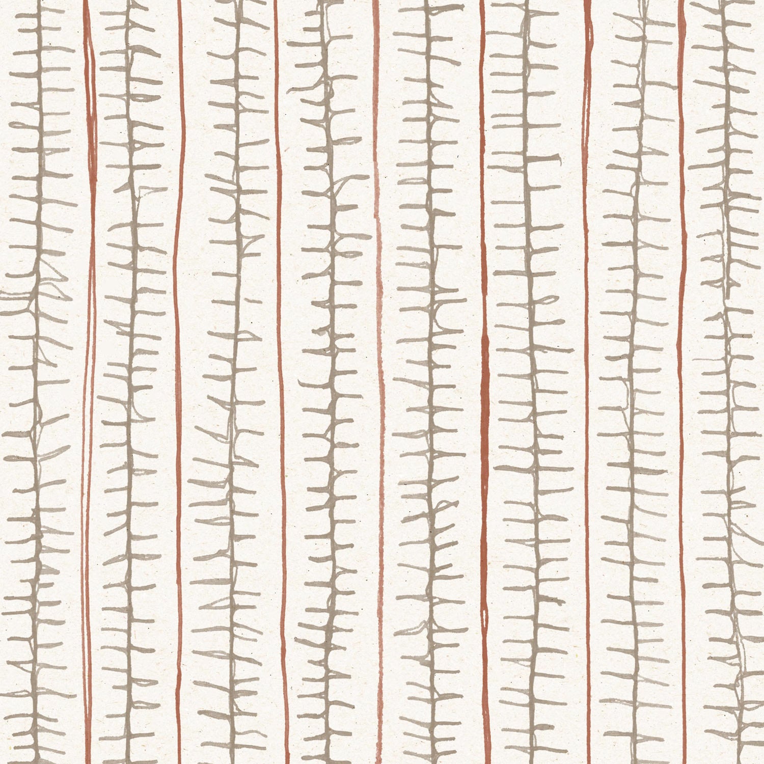Detail of wallpaper with hand drawn ticking stripe in  grey and rust red on white. 