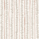 Detail of wallpaper with hand drawn ticking stripe in  grey and rust red on white. 