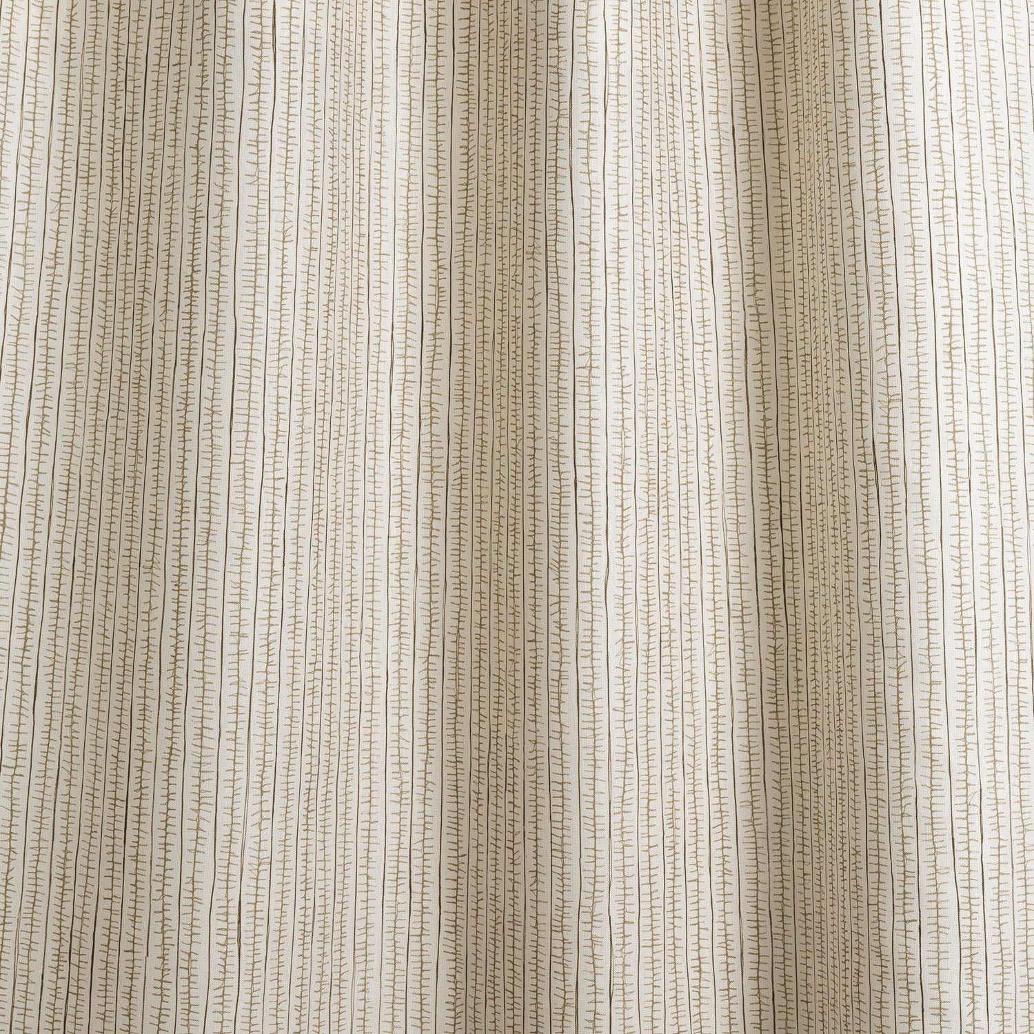 Draped fabric with hand drawn ticking stripe in olive green and brown on white. 