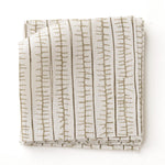 Swatch of fabric with hand drawn ticking stripe in olive green and brown on white. 