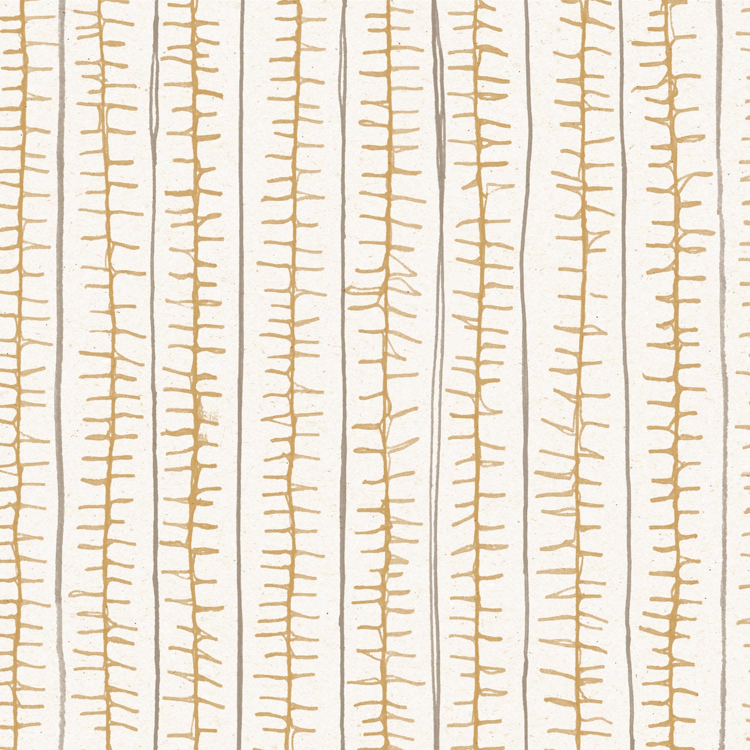 Detail of wallpaper with hand drawn ticking stripe in  yellow and grey on white. 