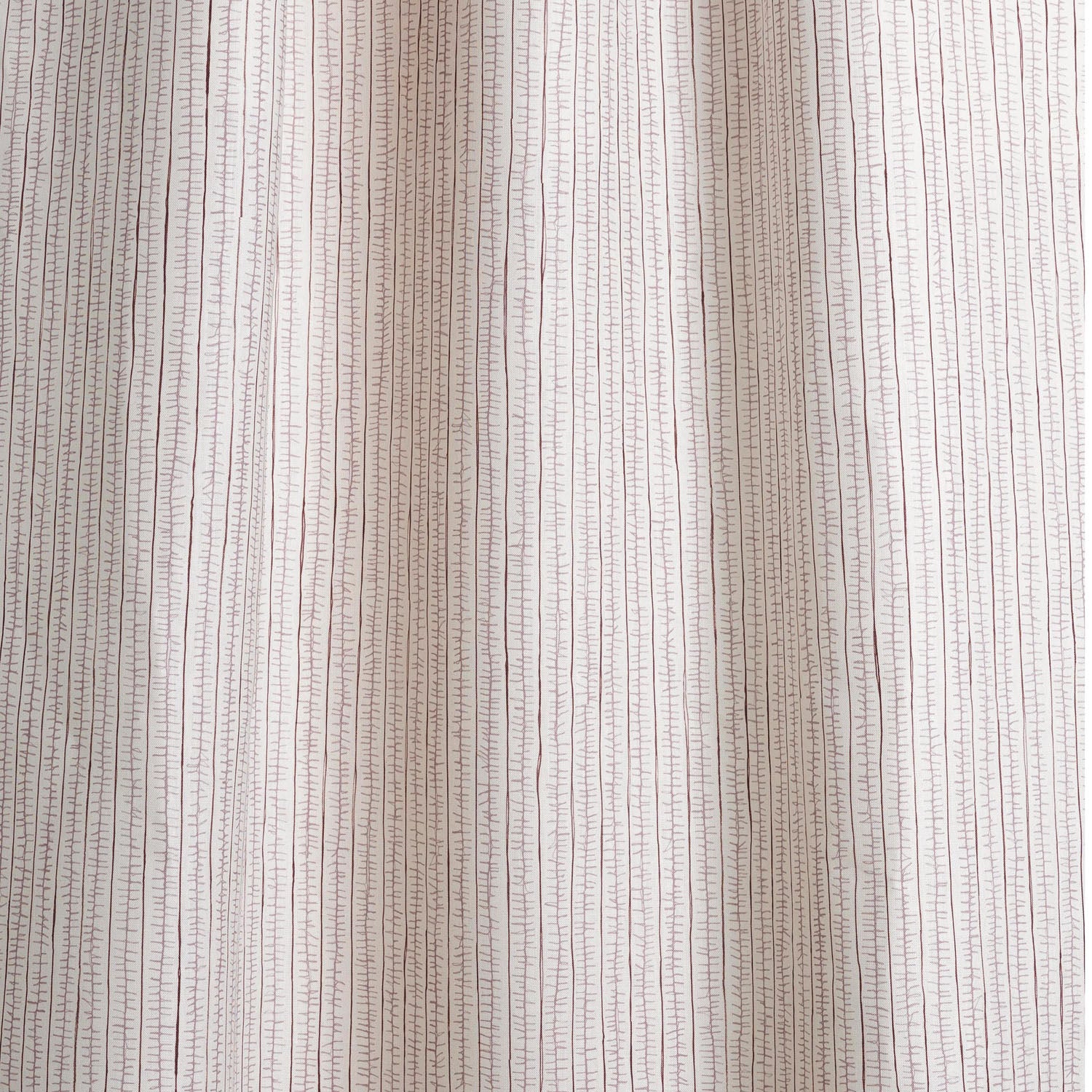 Draped fabric with hand drawn ticking stripe in shades of purple on white.
