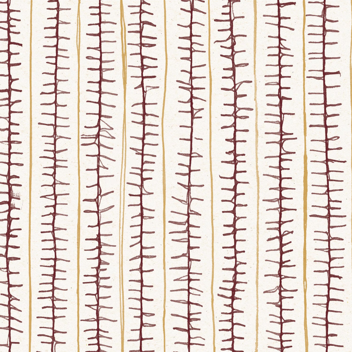 Detail of wallpaper with hand drawn ticking stripe in dark purple and tan on white. 