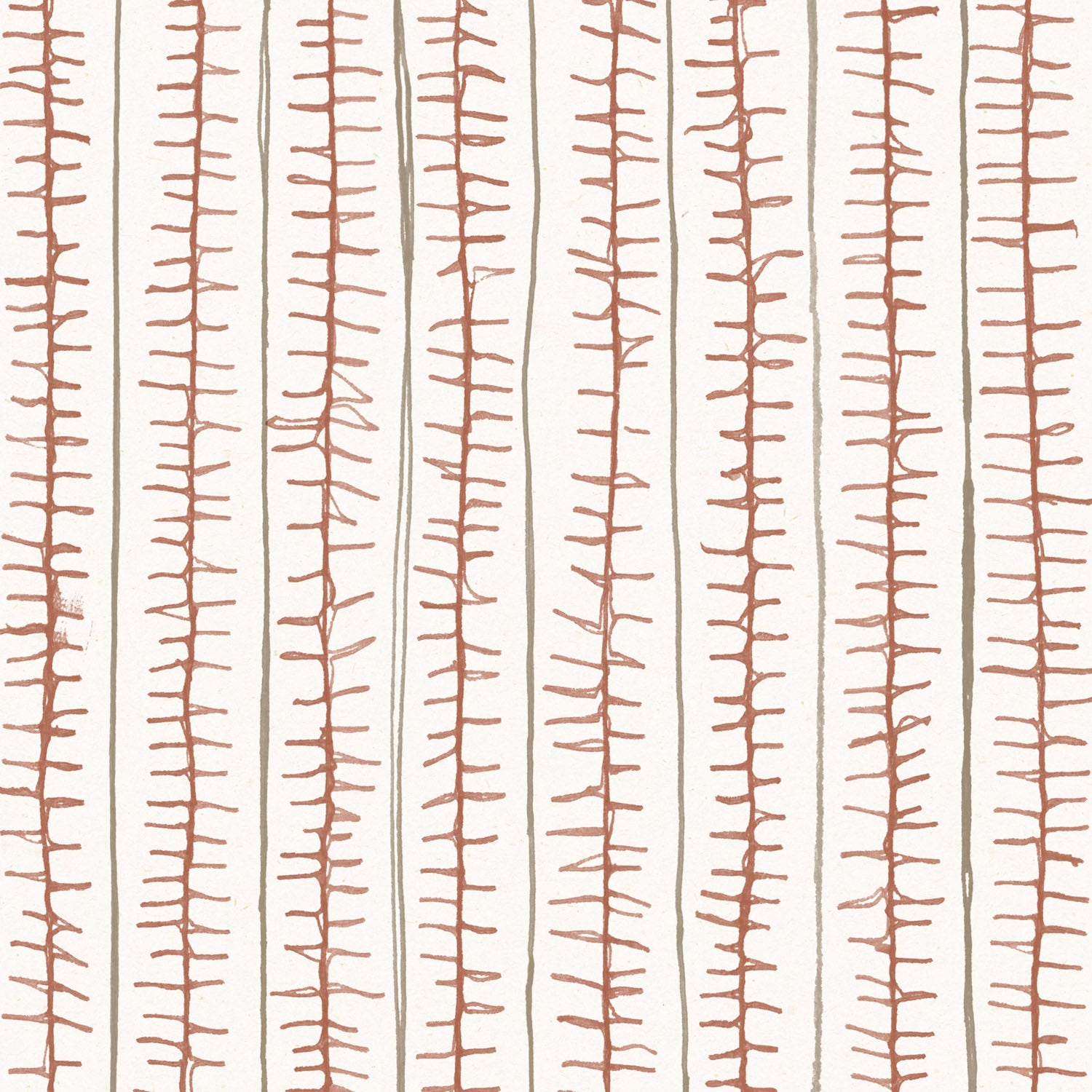 Detail of wallpaper with vertical brown and grey ticking stripes on a white background