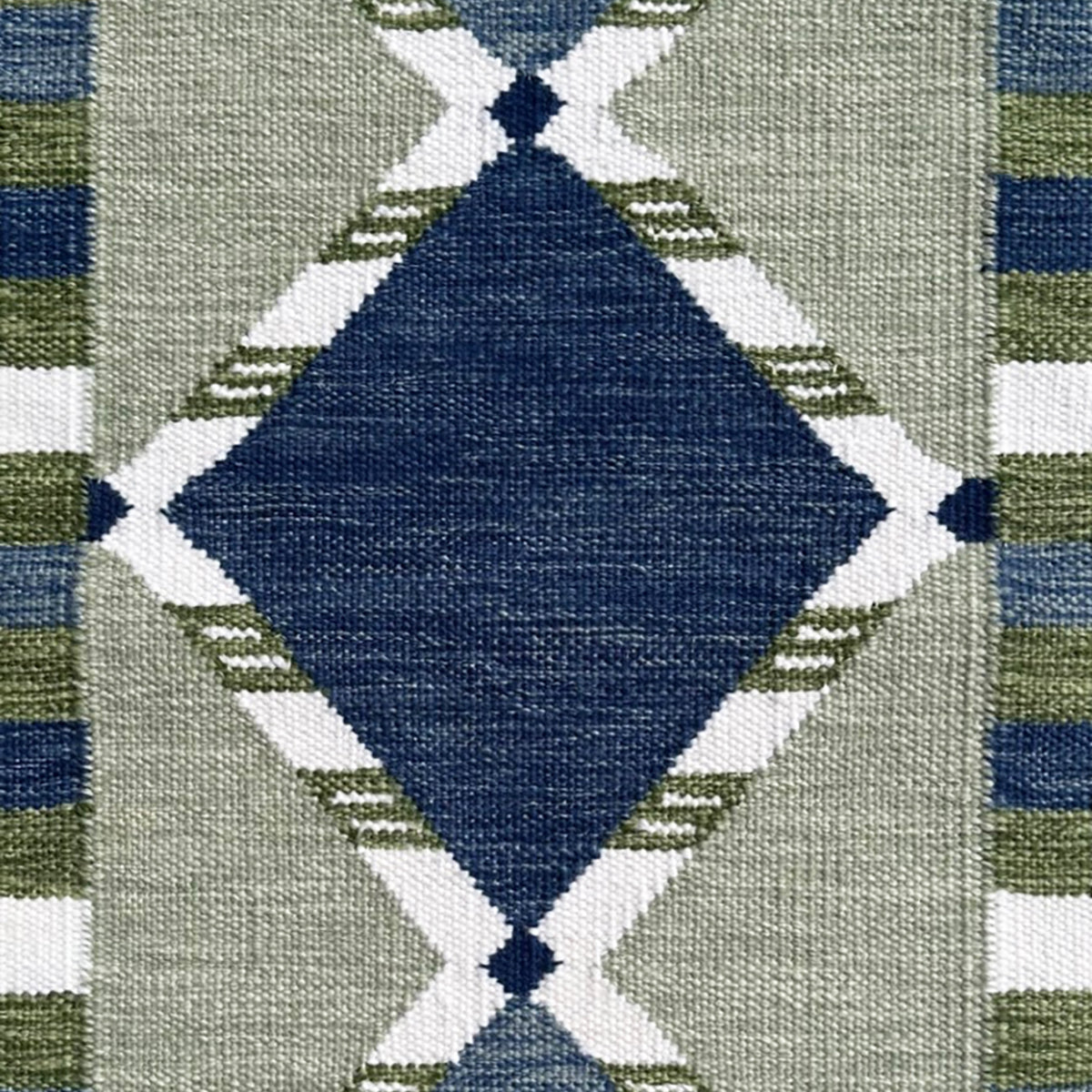 Handwoven rug detail in a Swedish diamond lattice design shades of green and blue with white accents. 