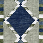 Handwoven rug detail in a Swedish diamond lattice design shades of green and blue with white accents. 
