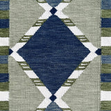 Handwoven rug detail in a Swedish diamond lattice design shades of green and blue with white accents. 