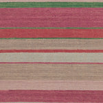 Flatweave rug in a mixed width stripe in fuchsia, coral, green, taupe and aqua.
