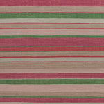 Flatweave rug in a mixed width stripe in fuchsia, coral, green, taupe and aqua.