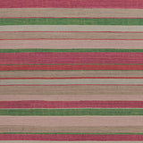 Flatweave rug in a mixed width stripe in fuchsia, coral, green, taupe and aqua.