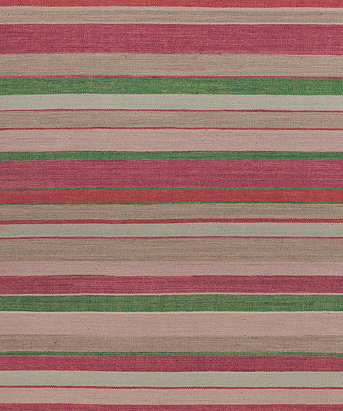 Flatweave rug in a mixed width stripe in fuchsia, coral, green, taupe and aqua.