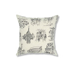 Square throw pillow with a pattern of charcoal hand-drawn illustrations of New York City landmarks on a beige field.