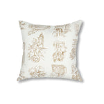Back of a square throw pillow with a pattern of sepia tone hand-drawn illustrations of New York City landmarks on a beige field.