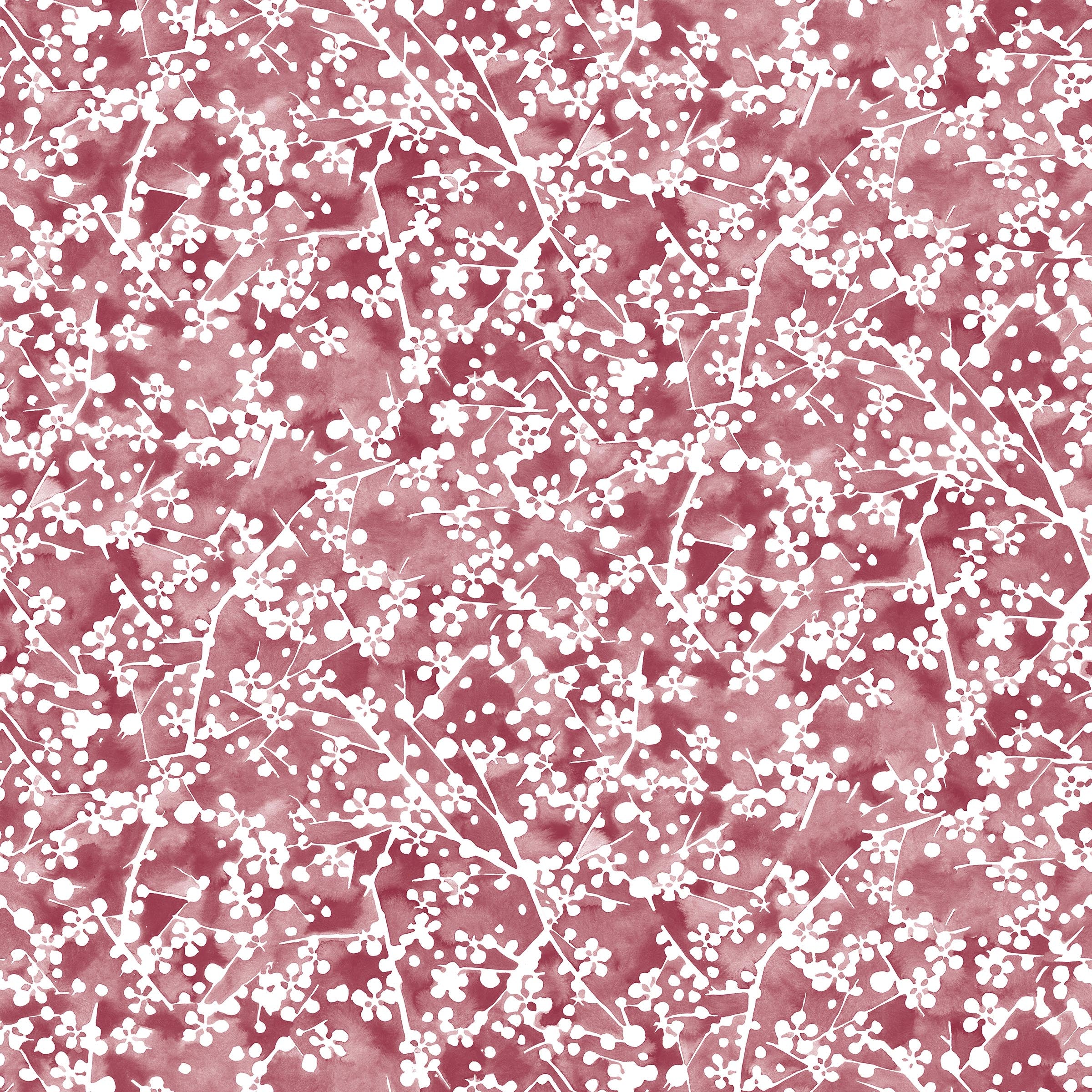 Painterly branch print in white on a berry red watercolor field.