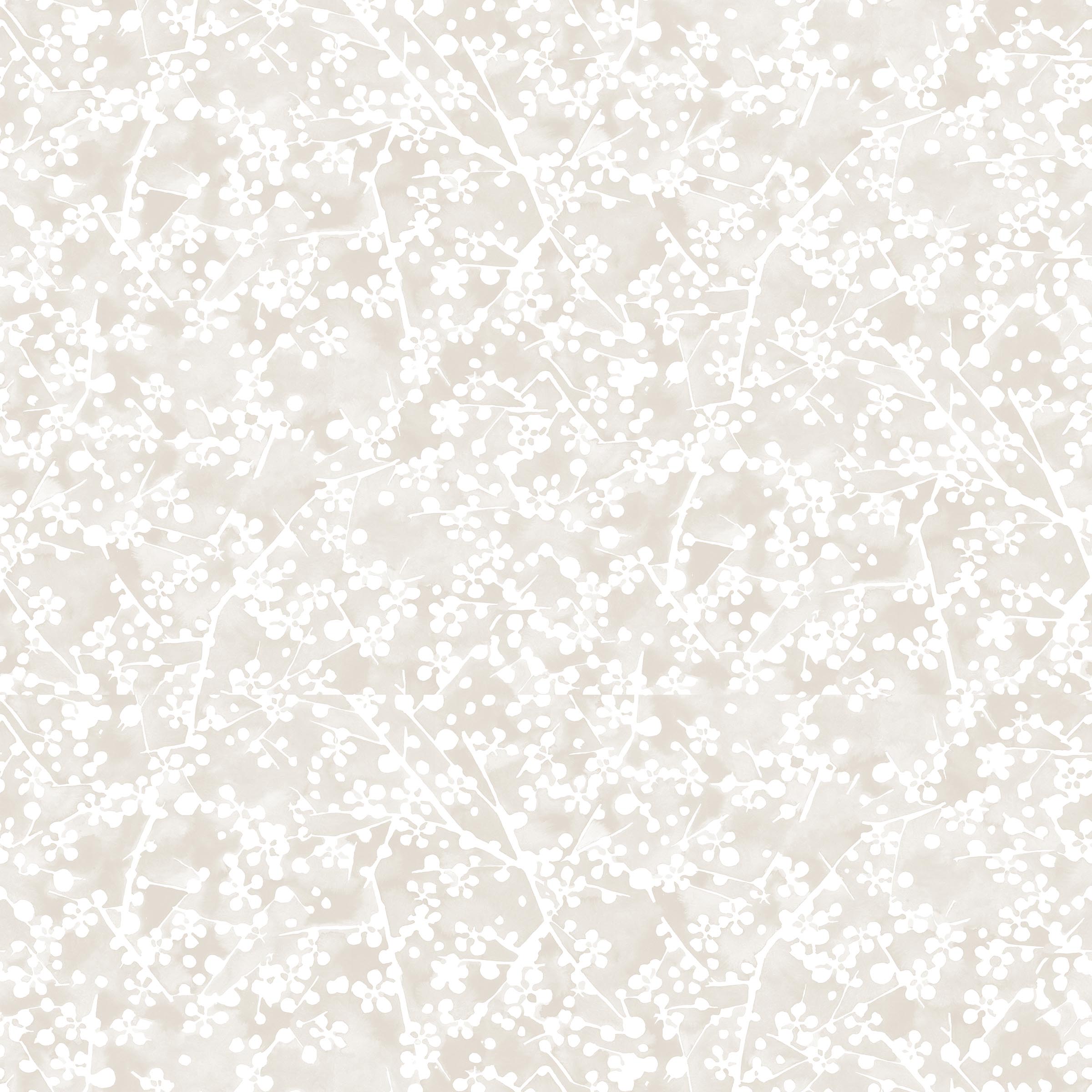 Painterly branch print in white on an ecru watercolor field.