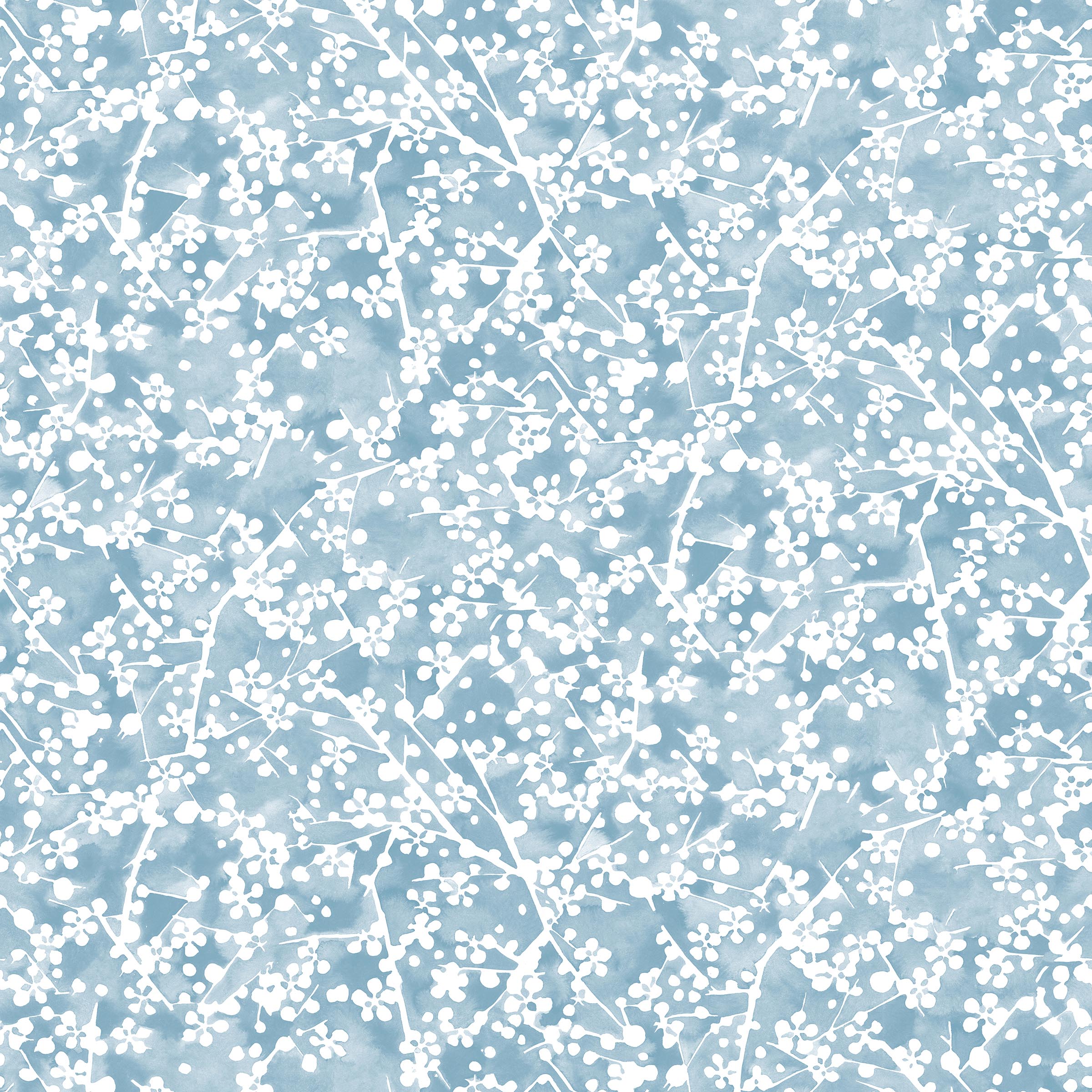 Painterly branch print in white on soft blue watercolor field.